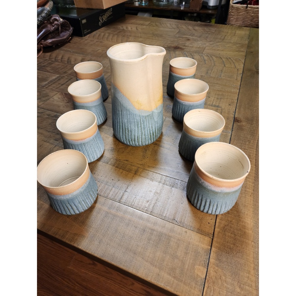 Studio Pottery Pitcher and 8 Tumbler Set Blue Peach Ribbed Stoneware Signed